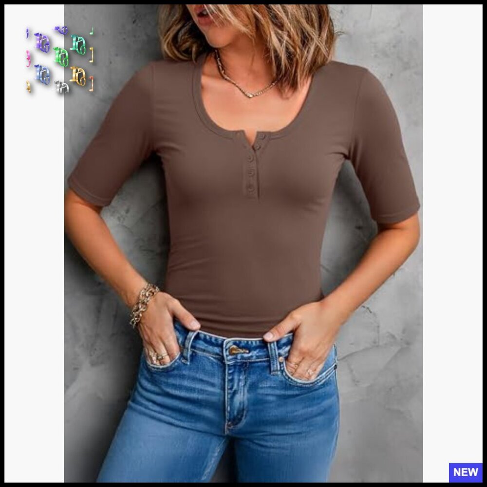 Slim Fit Henley Top Half Sleeve Ruching Chic Casual Spring Summer Blouse - Picture 2 of 7